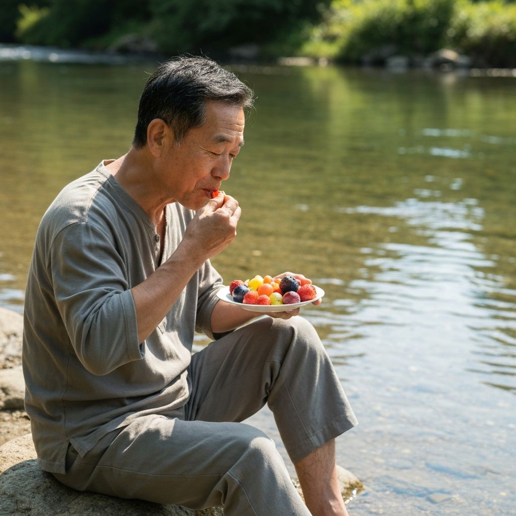 Person sitting by river eating fresh produce mindfully