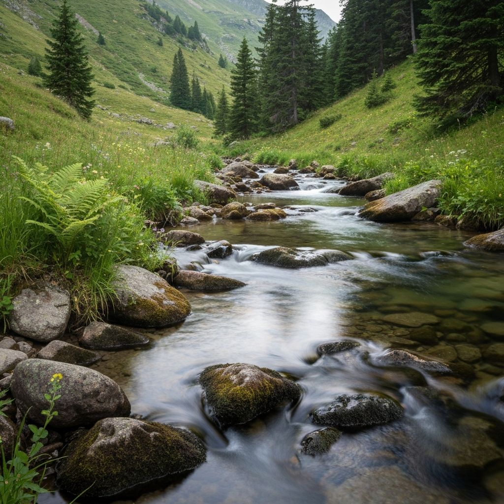 Clear stream flowing over rocks with natural landscape