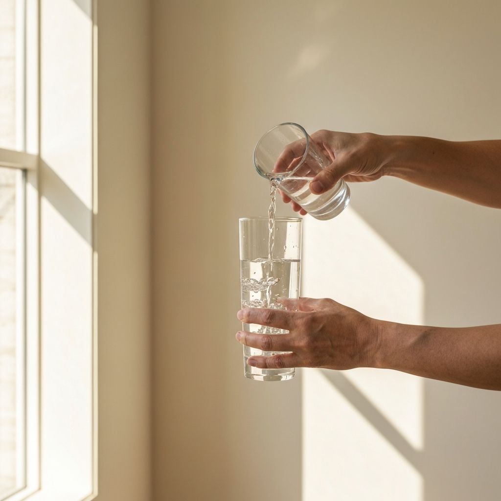 Hands pouring clear water into glass with natural light