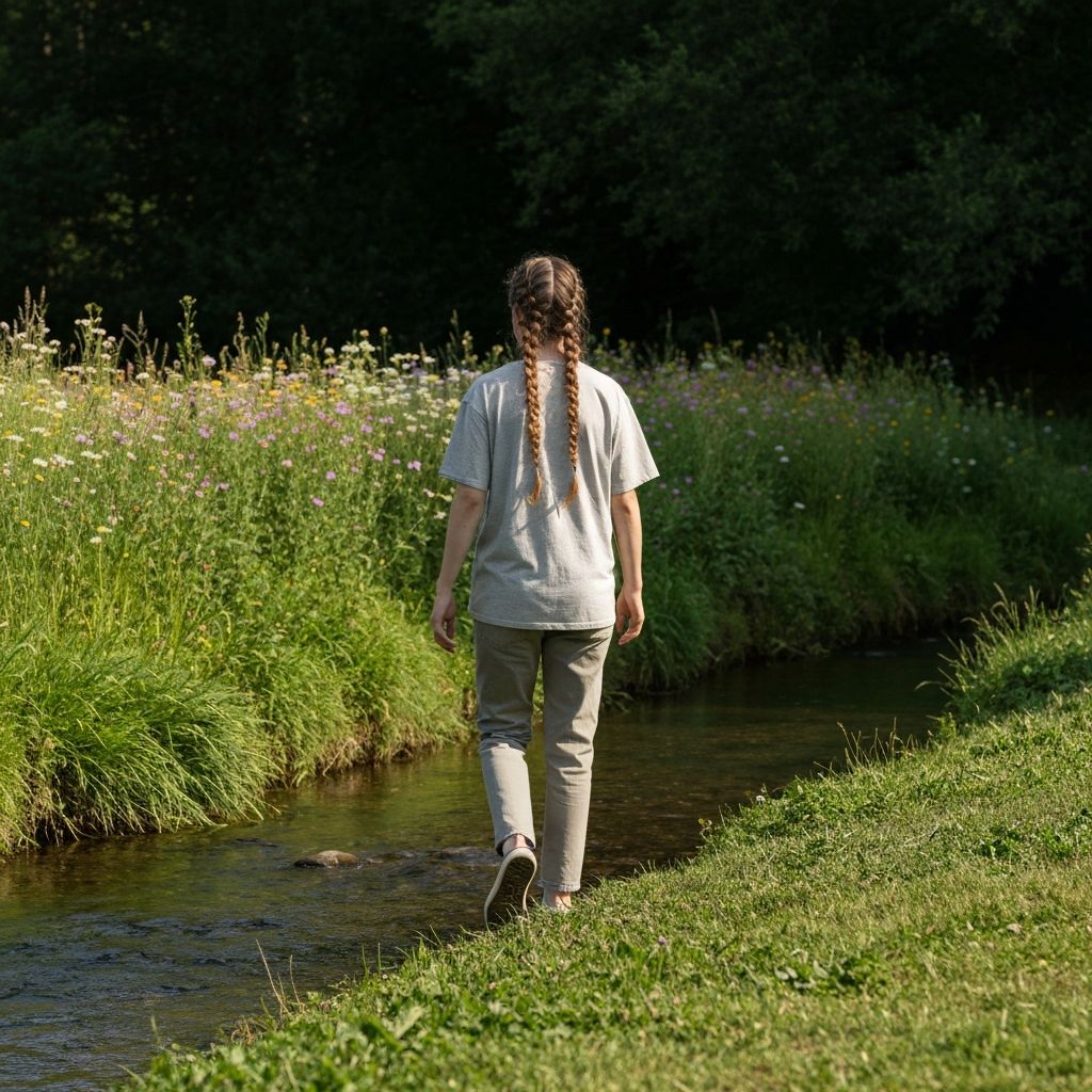Person walking naturally beside flowing stream through green landscape