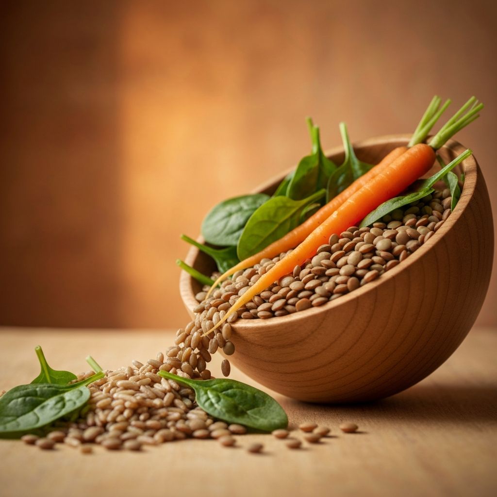 Natural wooden bowl with grains and fresh vegetables